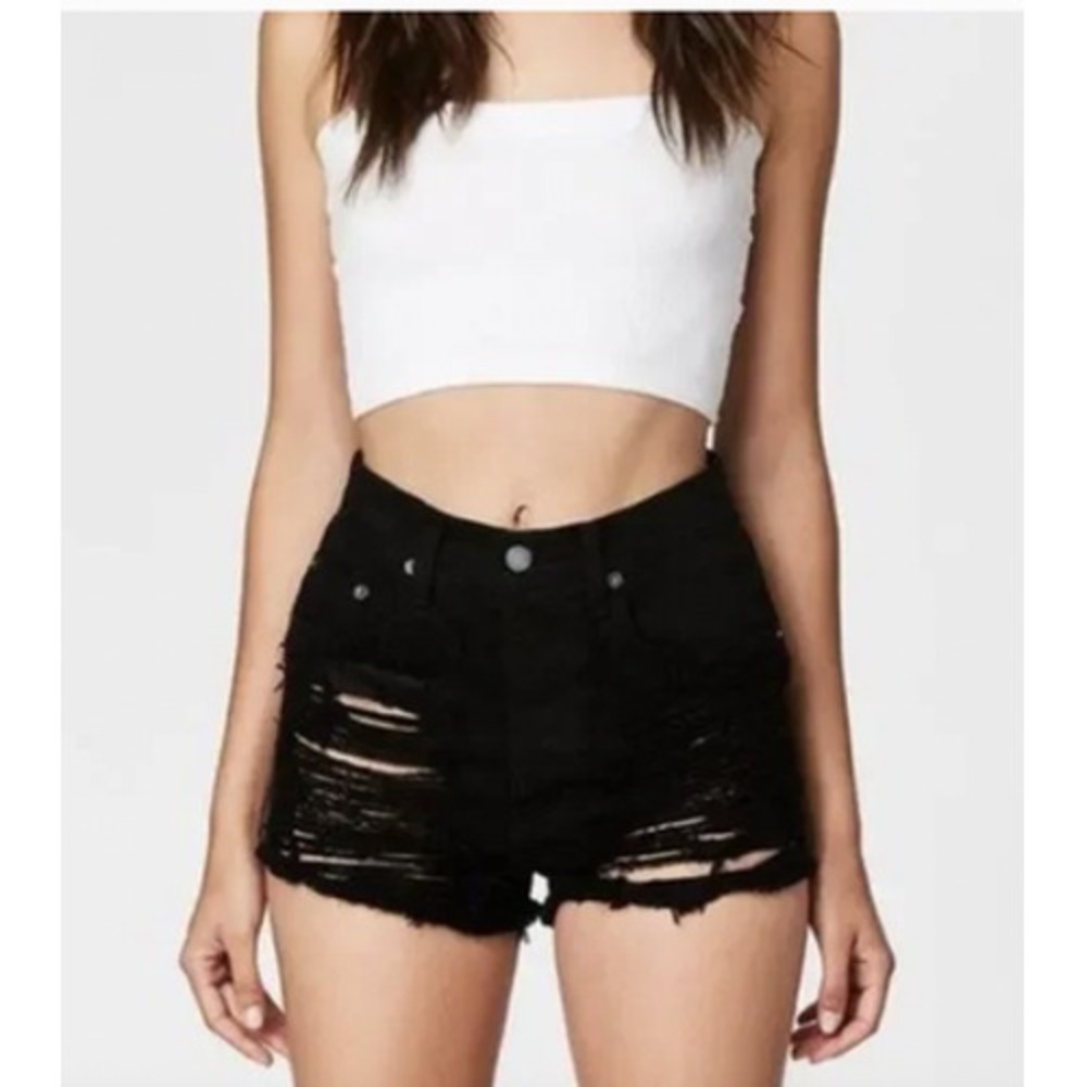 Carmar Shorts Women 25 Black Denim Distressed‎ High Rise Contrast Stitch